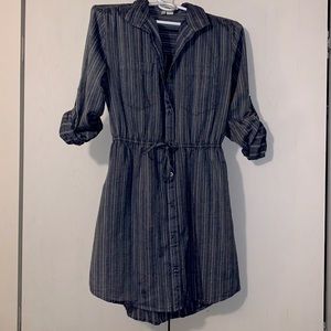 White and blue striped, mid length, collared dress